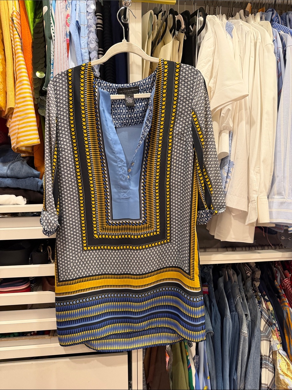 Grace Elements Blue, Yellow & Black Patterned V-Neck Tunic